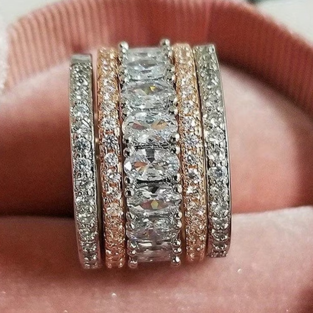 Thick Band Rose Gold and Silver Multi-Row White Topaz Stackable Ring